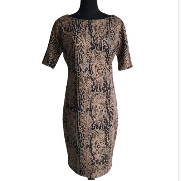 Philosophy Dresses & Skirts - Philosophy Goldish Tan & Black Abstract Animal Print Short Sleeve Sheath Dress